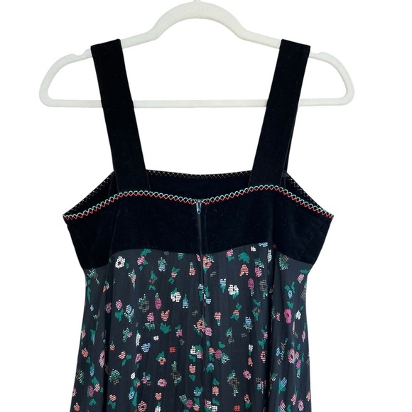 Vintage Velvet Trim Bow Front Floral Midi Dress Black Multi Cottagecore Feminine - Picture 6 of 7